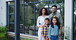 Smile, face and parents with children by new home for property investment in garden together. Happy, portrait and young mother and father standing with kids by modern house, building or apartment.