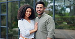 Couple, property or smile outdoor of new house, real estate and mortgage loan in neighborhood. Portrait of happy man, woman or interracial partner moving to home in relocation, investment or building