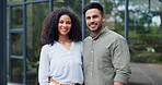 Couple, real estate and smile outdoor of new home, property and mortgage loan. Portrait of happy man, woman and interracial partner moving to house for relocation, investment and finance for building