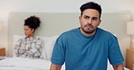 Man, conflict and fight of couple in bedroom for mistake, breakup and emotional drama at home. Crisis, divorce and frustrated indian guy ignore partner for cheating, affair and thinking of jealousy 