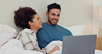 Couple, laughing or laptop with talking in bed for bonding, conversation and typing or scroll on internet. Man, woman or technology and happy in bedroom of home for communication, relax or web search