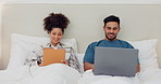 Couple, tablet and laptop with talking in bed for bonding, conversation and typing or scroll on internet. Man, woman or technology with happy in bedroom of home for communication, relax or web search