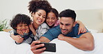 Home, smile and family selfie in bedroom, love and care, bonding and relax together in the morning. Photo, mother and father, children and picture in bed to laugh, funny and happy memory of parents