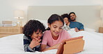 Happy family, tablet and kids on a bed with love, streaming or watching cartoon, video or film in their home. Digital, app and children bond in a bedroom with online subscription, games or movies