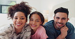 Face, happy and family selfie in bedroom, love and care, bonding and relax together in the morning. Photo portrait, mother and father, kid or parents in bed take picture, smile and memory in home