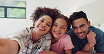 Face, smile and family selfie in bedroom, love and care, bonding and relax together in the morning. Photo portrait, mother and father, kid or girl in bed take profile picture for happy memory in home