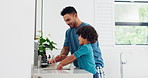 Water, washing hands and father with son in bathroom for learning, teaching or self care hygiene lesson. Love, bond and dad with kid in a house for handwashing, cleaning or palm bacteria prevention