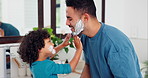 Shaving cream, application and father and son in a bathroom for learning, teaching or grooming lesson at home. Foam, face and dad with boy child in a house for skincare, facial or cleaning together