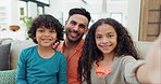 Selfie, happy and face of father and children on a sofa for bonding and relaxing together at home. Smile, love and young Indian dad taking a picture with kids in the living room of modern house.