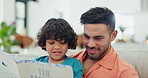 Dad, son and book for reading on sofa, learning and fantasy with smile, relax and care in home. Storytelling, knowledge or teaching, father and kid on couch with growth, fun and child development.