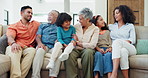 Love, big family and conversation on sofa for bond, trust or discussion in a house together. Support, care and kids with parents, grandparents and communication in a living room with vacation freedom