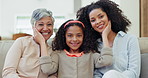 Smile, face and child with mother and grandmother on sofa in the living room of family house. Happy, love and portrait of girl kid relaxing and touching her mom and senior woman in retirement at home