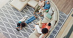 Family, children and tablet with top view in living room for bond, love or care in childhood. Generations, together and kids with technology for entertainment, learning or streaming service on floor