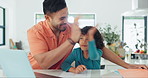 Home school father, child or high five celebration for notes, study info or homework project, test or exam success. Family dad helping kid student with knowledge, learning or education achievement