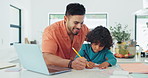 Home school father, child or writing paper note, study info or homework project, test or exam. Family support, teaching dad, or papa helping kid student with youth development, education or knowledge