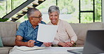 Paperwork, laptop or senior happy couple talk about financial accounting, economy or pension income. Tax break, elderly people and happiness for online credit increase, finance budget or home savings