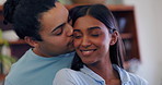 Cheek, kiss and couple in embrace with love or care in marriage, partnership or home. Happy, man and woman hug with kindness, support or trust in interracial relationship together in kitchen or house