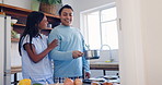 Happy, cooking and couple in the kitchen at apartment bonding for healthy breakfast together. Smile, love and interracial young man and woman preparing wellness diet lunch or brunch in modern home.