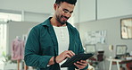 Happy man, fashion designer and tablet for small business e commerce, office startup or online shop management. Seller or creative worker typing on digital technology of clothes, textile or logistics