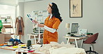 Designer woman, fabric and color in workshop with sample, check and vision at fashion startup. Girl, clothes and material with inspection, production and creativity with thinking at small business