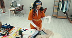 Designer woman, fabric and color with thinking for sample, check and vision at fashion startup. Girl, clothes and material with inspection, production and creativity with tablet at small business