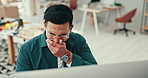 Business, yawn and man with burnout in office with low energy, sleepy or bored by design project. Fatigue, tired or overworked male designer exhausted by boring online research, development or report