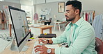 Designer man, computer and typing in workshop, clothes and pride in studio, fashion and production. Person, small business owner and writing notes by pc for sketch with vision, factory or warehouse