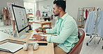 Designer man, computer and typing for fashion, clothes and pride in workshop, studio or production. Person, small business owner and click keyboard by pc for sketch with vision, factory or warehouse