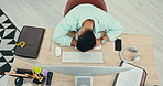 Top view, office desk and business man sleeping with low energy problem, tired or exhausted by online project. Above, burnout and overworked male entrepreneur with nap, fatigue  or boring research