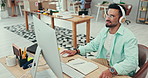 Music, dance and fashion designer man at work in office with computer for creative planning or research. Smile, energy and headphones with a happy small business or startup employee in a workplace