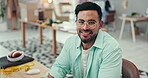 Face, smile and computer with designer man in office for creative planning or artistic project at a desk. Portrait, small business and happy entrepreneur in a startup workplace for employment