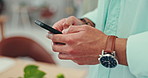 Phone, search and closeup of man hands in a house with social media, chat or texting communication. Smartphone, app and male person with streaming subscription online for web, scroll or networking