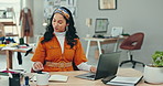 Designer woman, laptop and typing in workshop with color sample, check and ideas at fashion startup. Girl, clothes and fabric with computer for production, creativity and thinking at small business