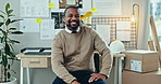Happy black man, creative and small business professional in career ambition or confidence at office. Portrait of African male person or manager smile in startup or architecture design at workplace