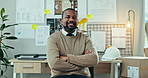 Happy black man, creative and small business confidence in career ambition or professional at office. Portrait of African male person or manager smile in startup or architecture design at workplace