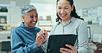Business people, designer and high five on tablet for online success, celebration and architecture goals or project. Creative women, senior mentor and hands together, wow or excited for digital news