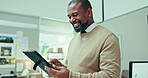 Mature business man, tablet and laugh in office for planning research, reading funny information and update app. African entrepreneur thinking of digital news, software and search network for media