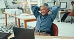 Happy senior woman, laptop and relax at office for completion, finished or done with work. Mature female person or employee smile on computer for break, rest or business satisfaction at workplace