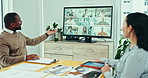 Video call, screen and business people in office for team communication, discussion and planning global conference. Virtual webinar, online meeting and black man consulting feedback for collaboration