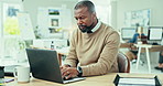 Business, mature black man and typing on laptop in office to update network, online review and digital report. Serious entrepreneur working on computer for research, planning or information in agency