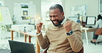 Business man, designer and celebration on computer in success, achievement or project goals, news or startup results. Excited African winner with yes or fist on his laptop for graphic design solution