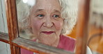 Home, thinking and senior woman with window, peace and memories with nostalgia, remember and reflection of past. Wonder, pensioner or elderly person with ideas, apartment and wellness with health