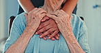 Empathy, closeup and hands of nurse with senior woman in nursing home for assisted living, care or help. Kindness, support or zoom on volunteer with old lady in retirement facility with understanding