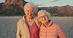 Smile, beach and senior women friends on a retirement vacation, adventure or holiday together. Smile, travel and portrait of elderly female people by the ocean on tropical weekend trip in Australia.