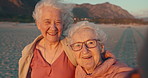 Selfie, beach and senior women friends on a retirement vacation, adventure or holiday together. Smile, travel and elderly female people with taking a picture by the ocean on tropical weekend trip.