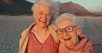 Selfie, beach and elderly women friends on a retirement vacation, adventure or holiday together. Smile, travel and senior female people with taking a picture with goofy face by ocean on weekend trip.