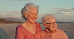 Happy, beach and senior women friends on a retirement vacation, adventure or holiday together. Smile, travel and elderly female people with reflection, memory or thinking by the ocean on weekend trip