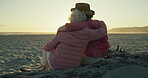 Senior women, back and sunset on beach, bonding and freedom in nature or relaxing on holiday. Elderly friends, care and embrace or hug for support in retirement, dusk and travel for outdoor adventure