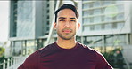 Asian man, fitness and confidence in city for workout, running or outdoor training in health and wellness. Portrait of serious or confident male person, runner or athlete for exercise in urban town