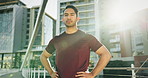 Asian man, fitness and confidence in city for exercise, running or outdoor training in health and wellness. Portrait of serious or confident male person, runner or athlete for workout in urban town